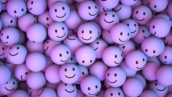 3d rendering of emoji with smiley face. large group of objects.