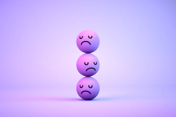 3d rendering of emoji with sad face on purple color background.