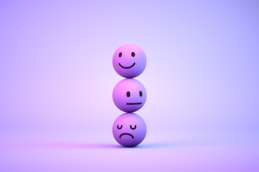3d rendering of emoji with smiley, sad and neutral face on purple color background.