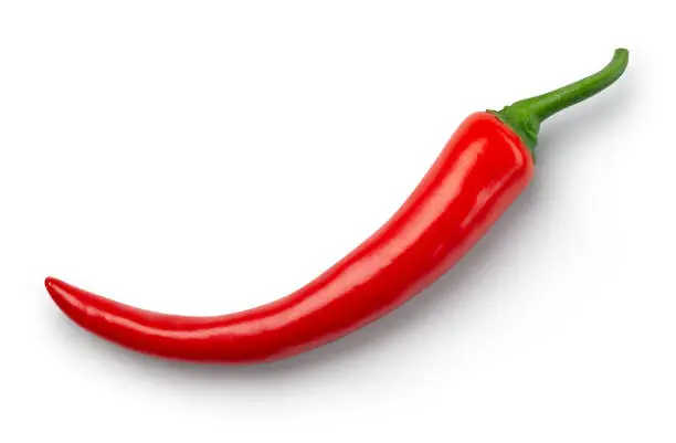 Photo of Chili pepper isolated. Chilli top view on white background. One red hot chili pepper top. With clipping path.