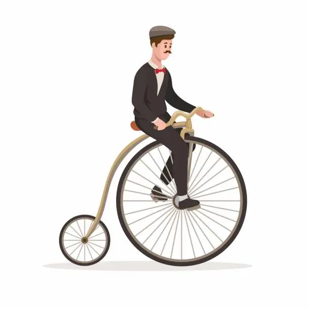 Vector illustration of man riding vintage old bike big wheel cartoon illustration vector