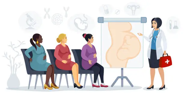 Vector illustration of Prenatal clinic and birth.  Doctor counseling pregnant women.