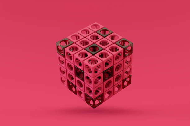 Abstract 3d rendering Flying Cubes. Geometric Shapes Background, Business, Teamwork , Technology Concept. Viva Magenta. Pantone 2023 Color.