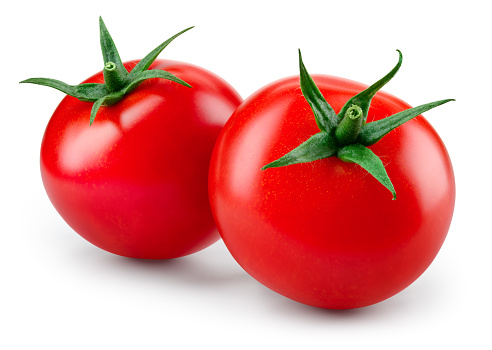 Tomato isolated. Tomatoes on white background. Two tomatoes side view. With clipping path. Full depth of field.