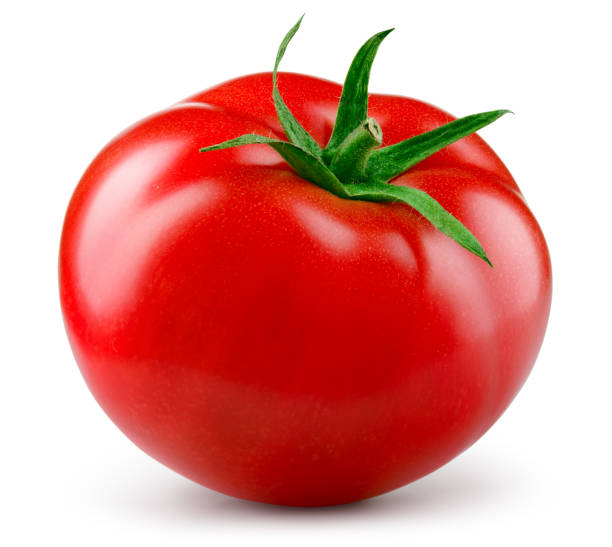 トマトは分離されました。白い背景にトマト。完璧なレタッチされたトマトの側面図。クリッピングパス付き。完全な被写界深度。