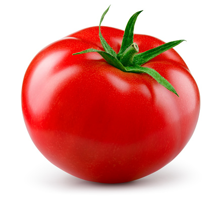 Tomato isolated. Tomato on white background. Perfect retouched tomatoe side view. With clipping path. Full depth of field.