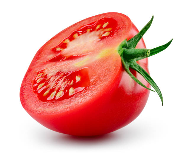istock Tomato half isolated. Tomato slice on white background. Cut tomato side view. With clipping path. Full depth of field. 1450576929