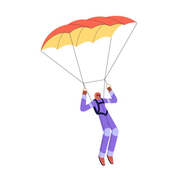 istock Parachutist flying. Skydiver parachuting, skydiving, floating in height. Happy excited sky jumper flies. Extreme sport, leisure activity. Flat vector illustration isolated on white background 1450577054
