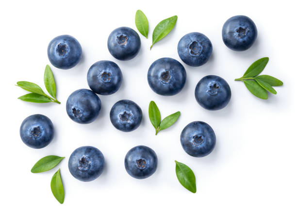 istock Blueberry isolated. Blueberries top view. Blueberry with leaves flat lay on white background with clipping path. 1450577427