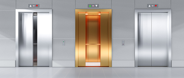 steel and gold elevators, doors open differently. 3d render