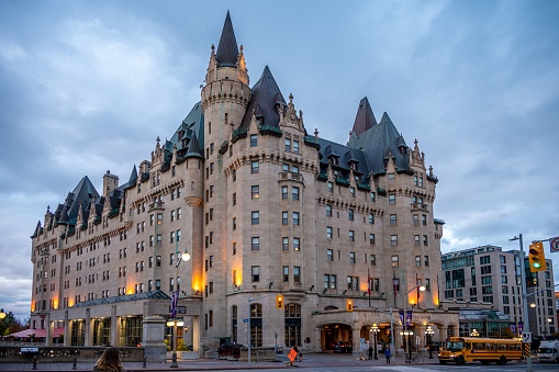 Ottawa, Canada – October 18, 2022: Ottawa, Ontario - October 18, 2022:  Exterior of the landmark hotel  -  Chateau Laurier in Ottawa.