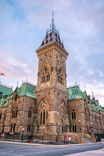 Ottawa, Canada – October 18, 2022: Ottawa, Ontario - October 18, 2022: The East Block on Canada's Parliament Hill  seen rising in the nation's capital.