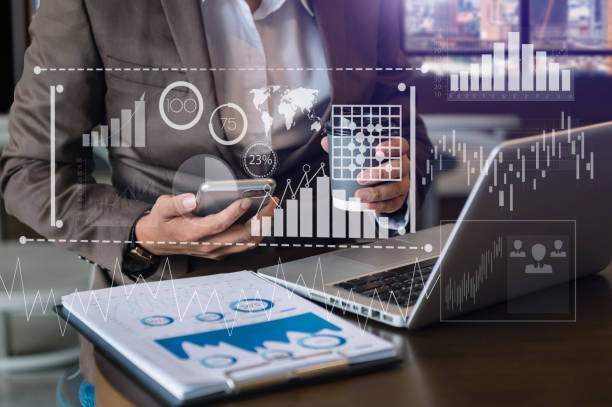 istock Digital marketing media in virtual screen. business working with new modern computer Laptop, smartphone, and tablet show social network 1450583966