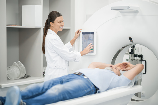 Medical diagnostics. Patient undergoing the MRI investigation in the medical center
