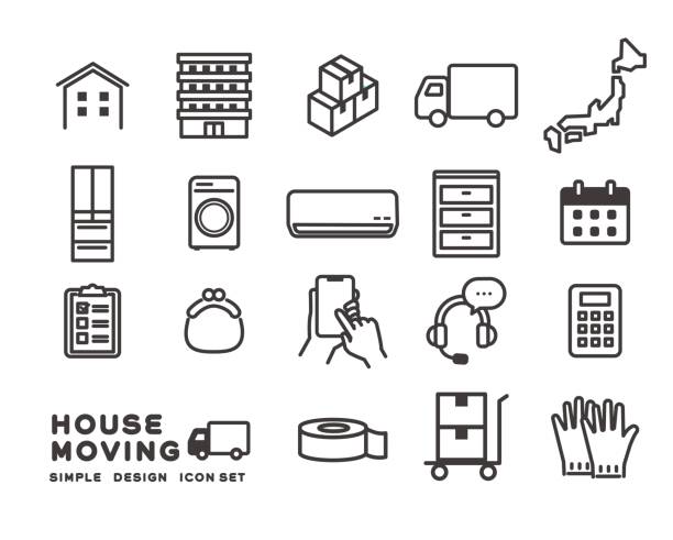 wektorowy materiał ilustracyjny ikon związanych z nieruchomościami i poszukiwaniem pokoju / nowym życiem / przeprowadzką - australia house home interior housing development stock illustrations