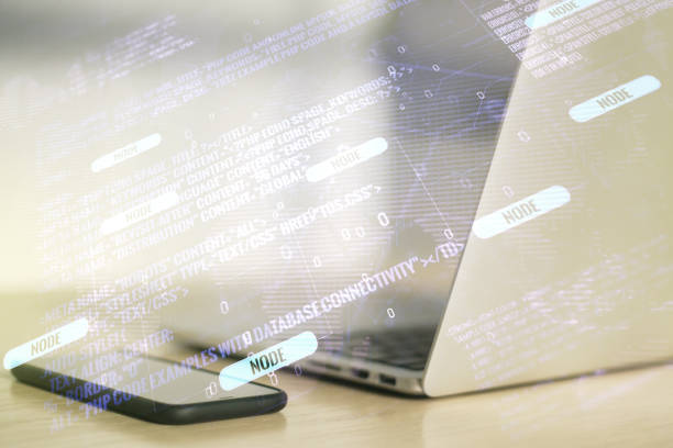 istock Multi exposure of abstract creative coding sketch with world map on modern laptop background, artificial intelligence and neural networks concept 1450585745