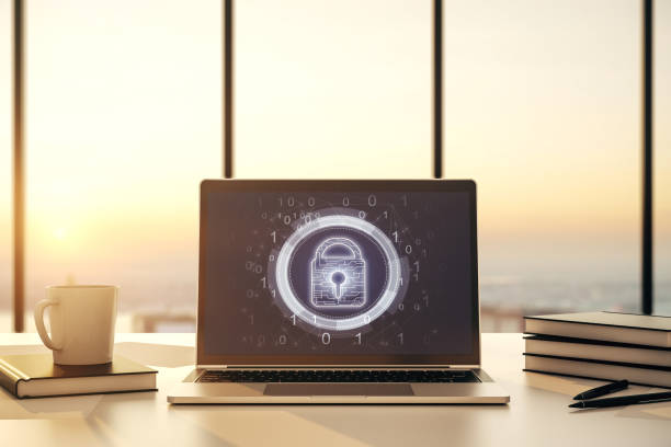 istock Computer monitor with creative light lock illustration and microcircuit, cyber security concept. 3D Rendering 1450586087