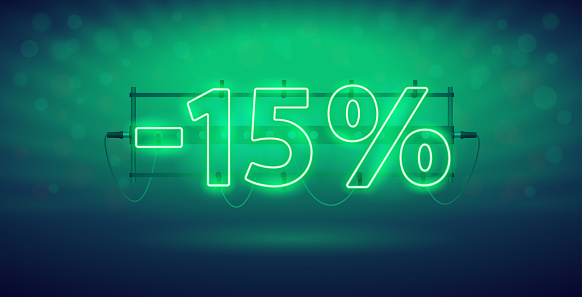 Glowing Green Neon 15 Percent Discount Banner. Stock vector clipart for sales design.