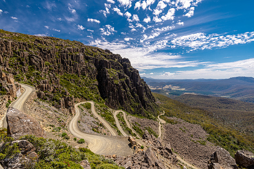 Launceston, Tasmania, Australia - February 14, 2022: Jacobs Ladder a steep gravel road to the top of Ben Lomond a mountain a ski resort just outside of Launceston, Tasmania.