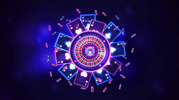 istock Pink shine neon Casino Roulette wheel with poker chips and playing cards in dark empty scene, top view. Background for your arts 1450587332
