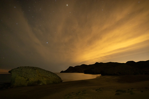 Night landscape on the beach of Monsul. Natural Park Cabo de Gata. Almeria Spain.