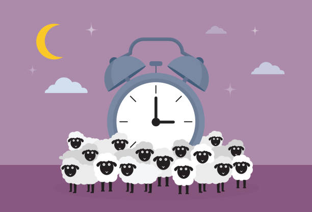 ilustraciones, imágenes clip art, dibujos animados e iconos de stock de el concepto de insomnio representado por una oveja y un reloj - sleeping insomnia alarm clock clock