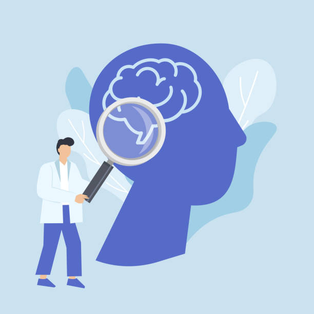 istock Mental health. Doctor with a magnifying glass examines a human silhouette with a brain on a blue background 1450589673
