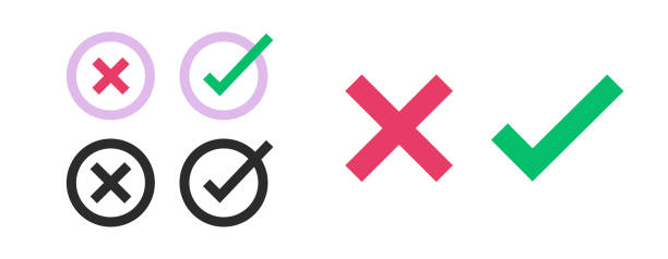 checkbox-häkchenauswahl schließen x symbol vektor rot grün quadratischer kreis illustriert, häkchenfeld linie einfach rund isoliert, richtig falsche antwort, true false marker set, umfrageliste poll vote element - voting pen questionnaire green stock-grafiken, -clipart, -cartoons und -symbole