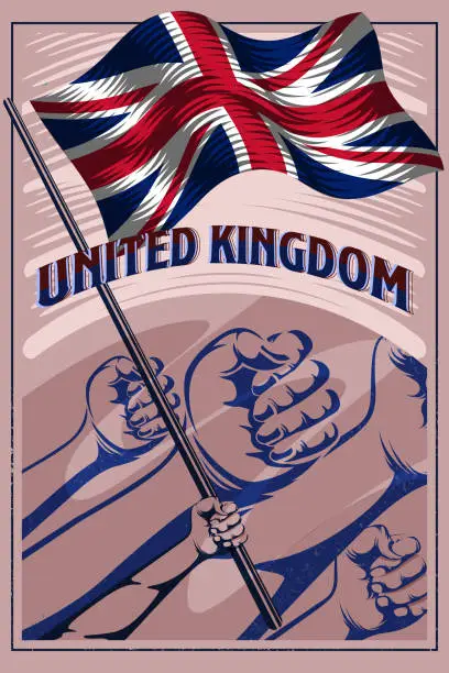 Vector illustration of National Flag of United Kingdom Retro Vintage Poster Illustration. Arm Holding Union Jack or Union Flag Poster Vector Illustration. World Nation Flag Poster Vector