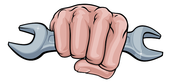 A fist hand holding a wrench or spanner in a comic book pop art cartoon illustration style.