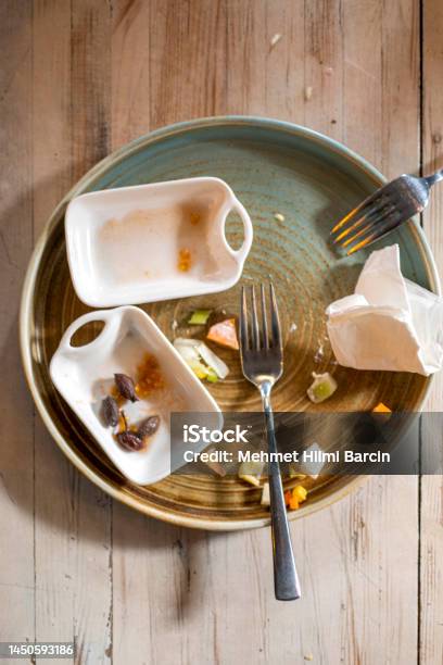 Left Overs Of A Breakfast On Table Stock Photo - Download Image Now - Above, Backgrounds, Breakfast