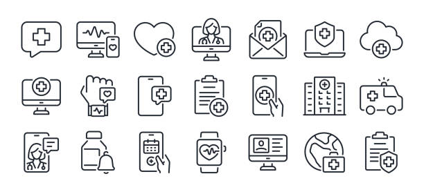 stockillustraties, clipart, cartoons en iconen met digital healthcare and telemedicine editable stroke outline icons set isolated on white background flat vector illustration. pixel perfect. 64 x 64. - healthcare