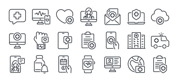 Digital healthcare and telemedicine editable stroke outline icons set isolated on white background flat vector illustration. Pixel perfect. 64 x 64. Digital healthcare and telemedicine editable stroke outline icons set isolated on white background flat vector illustration. Pixel perfect. 64 x 64. healthcare and medicine stock illustrations