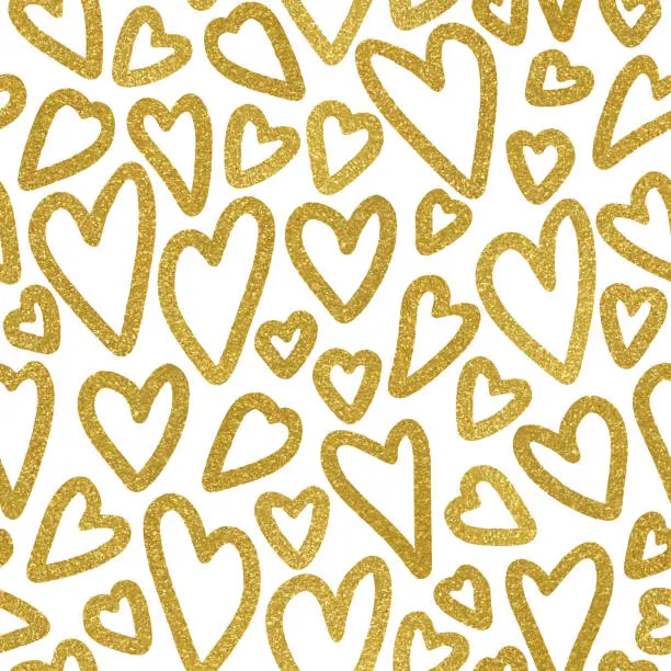 Vector illustration of Gold Colored Glittering Hearts Seamless Pattern. Gold Valentine's Day Concept. Metallic Golden Texture Design Element for Greeting Cards and Labels, Abstract Background.