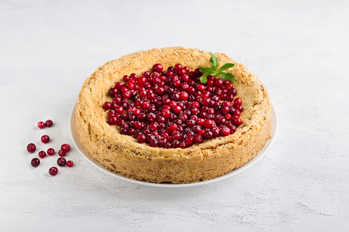 Royal curd cheesecake decorated with cranberries, mint and sprinkled with powdered sugar on a light gray background