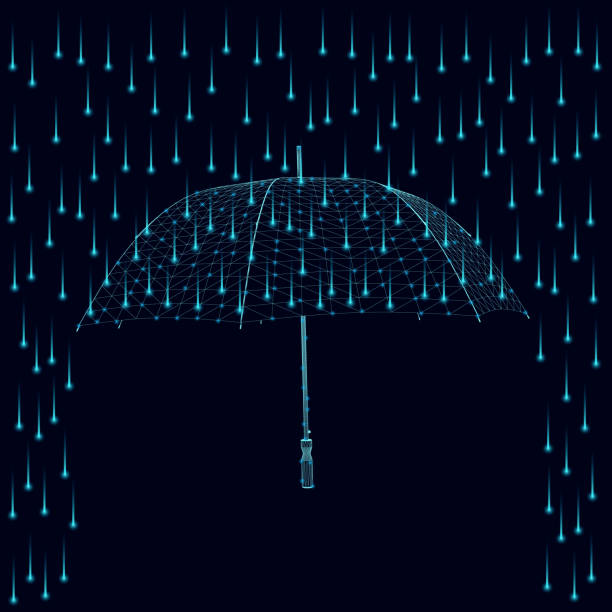 istock Umbrella wireframe in the rain from blue lines with glowing lights from blue lines isolated on a dark background. 3D. Vector illustration. 1450604535