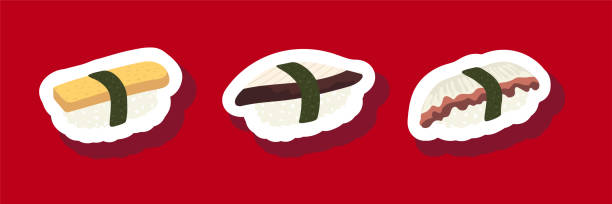 istock Sketch drawn vector set illustration of sushi sticker isolated on red background. Traditional Japanese dishes - onigiri, nigiri, temaki, maki, gunkan. Poster, sign, menu page, flyer, banner 1450605216