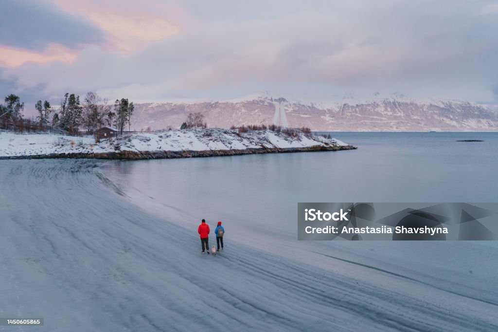 Aerial view woman and man walking at the scenic beach in snow in Norway Drone high-angle photo of the couple in colorful jackets contemplatingna happy time with a dog walking at sand beach with crystal blue ocean water during dramatic december sunset in More og Romsdal, Scandinavia Hygge Stock Photo