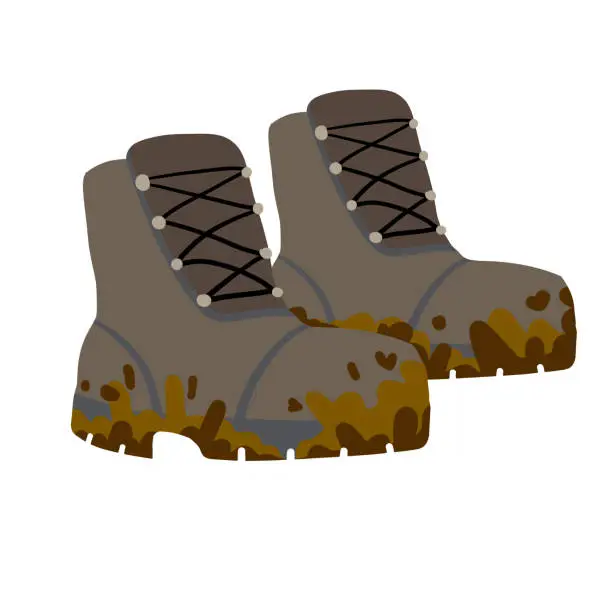 Vector illustration of Hiking boots. Dirty Sturdy leather travel shoes. Traveler clothing item. Brown Mud. Doodle cartoon