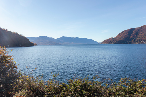 High angle view of Maggiore Lake near Luino, Italy. Copy space.