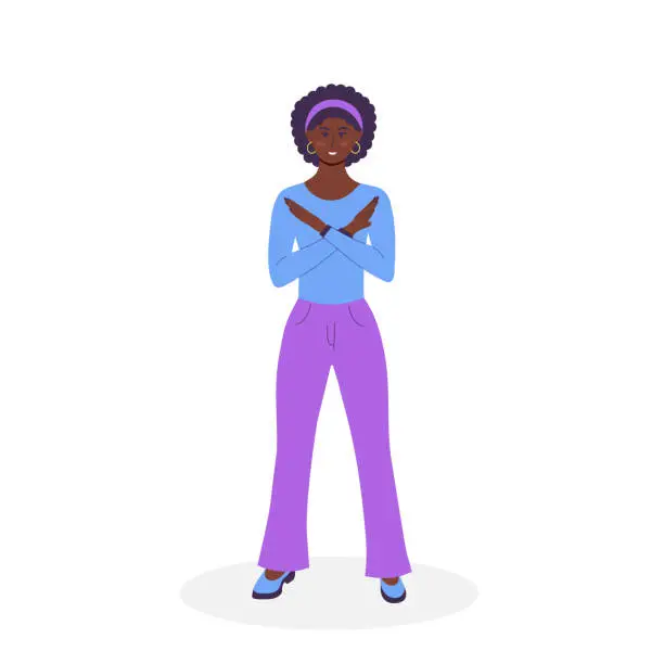 Vector illustration of African woman showing refusal or stop gesture with crossed hands. Body language and nonverbal communication. Expressing Negative emotions, communication, disagree feelings. Break the bias.