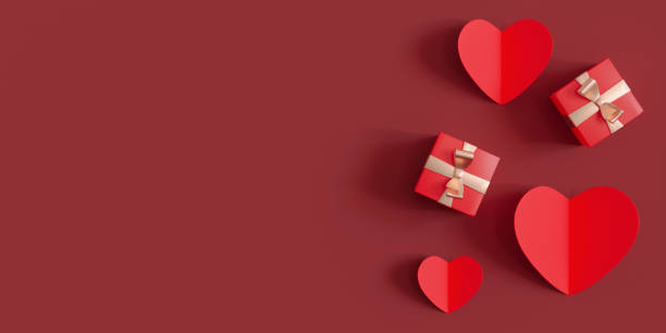 istock Dark red background with hearts, presents and copy space. Valentine's Day, Wedding backdrop. Empty space for advertising text, invitation, logo. Postcard, greeting card design. Love symbol. 3D render. 1450610246
