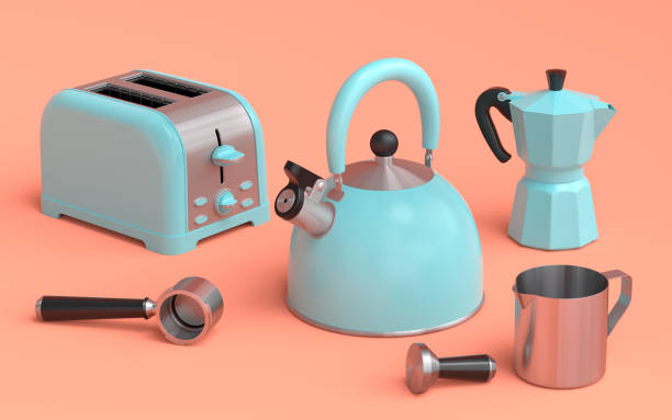 istock Kettle, toaster, coffee machine horn and geyser coffee maker on coral background 1450617189