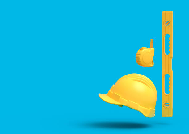 istock Flying view of yellow construction tools for repair on blue background 1450617445