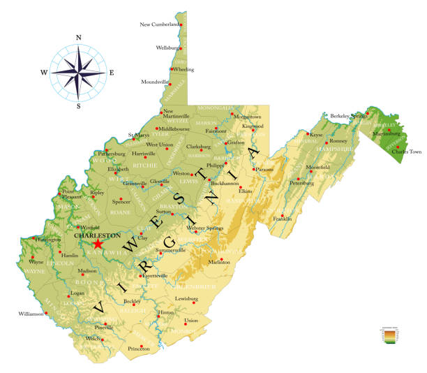 zachodnia wirginia bardzo szczegółowa mapa fizyczna - west virginia map topography topographic map stock illustrations