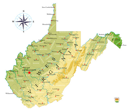 Highly detailed physical map of the West Virginia, in vector format,with all the relief forms,regions and big cities.