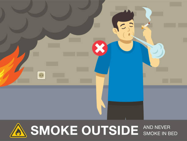 Fire safety activity. Young man is smoking at home. Holding cigarette and blow out smoke. Fire safety activity. Young man is smoking at home. Holding cigarette and blow out smoke. Smoke outside, and never smoke in bed warning design. Flat vector illustration template. cigarette fire stock illustrations