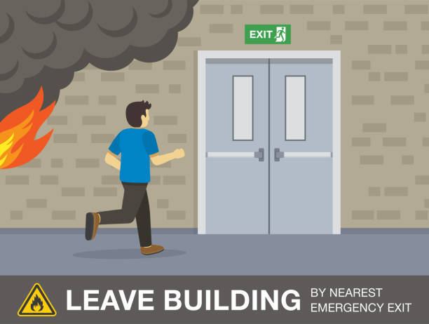 Fire safety activity. Young man runs from the fire to the exit doors. Fire safety activity. Young man runs from the fire to the exit doors. Leave the building by nearest emergency exit. Flat vector illustration template. leaving a tip stock illustrations