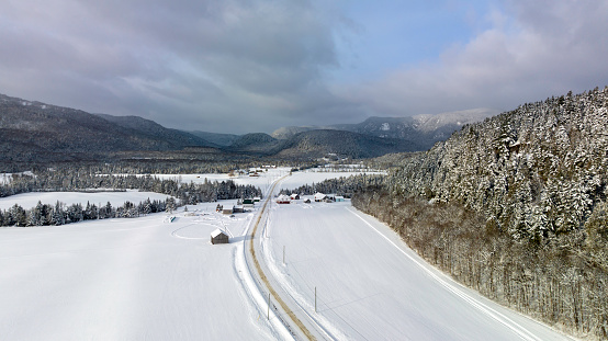 Aerial View of Rural Scene in Winter After Snowstorm, Saint-Raymond, Quebec, Canada