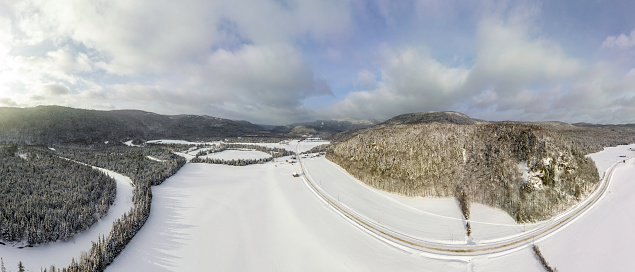 Panoramic Aerial View of Rural Scene in Winter After Snowstorm, Saint-Raymond, Quebec, Canada